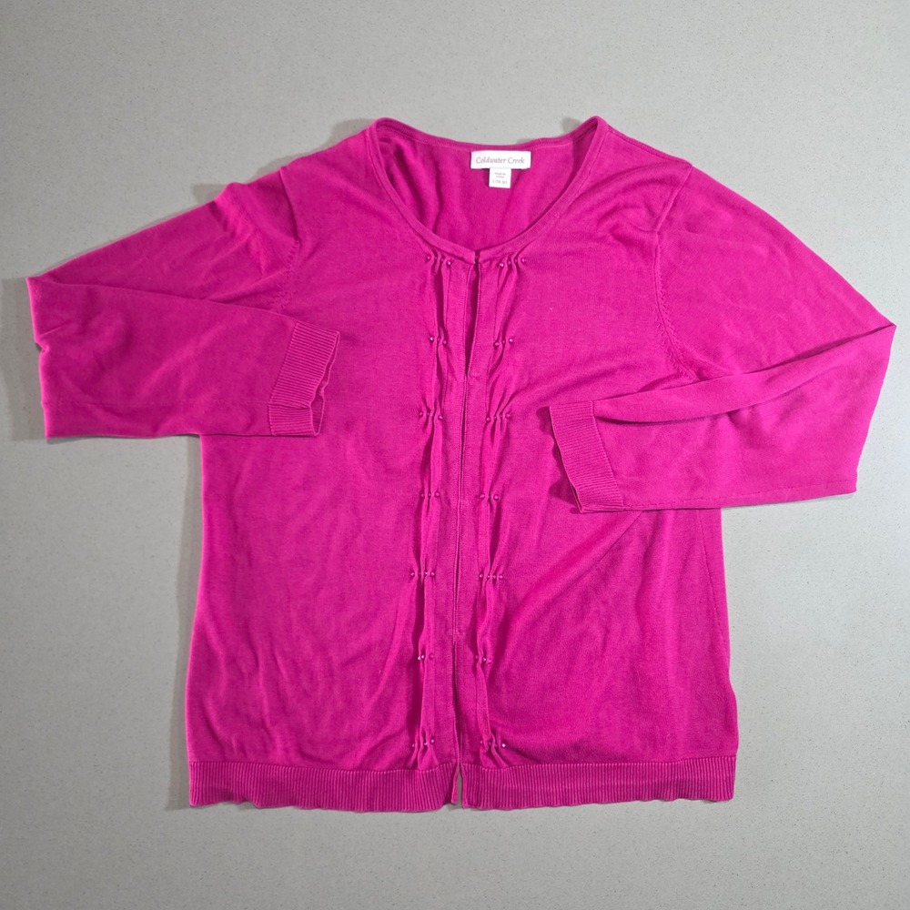 Coldwater Creek Silk Blend Magenta Pink Beaded Pintuck Cardigan Sweater L 14-16